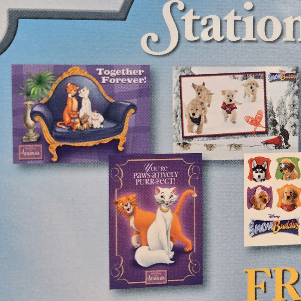 Bundle Of 3 Disney Cat & Dog Stationary Cards Sticker Aristocats Snow Buddies